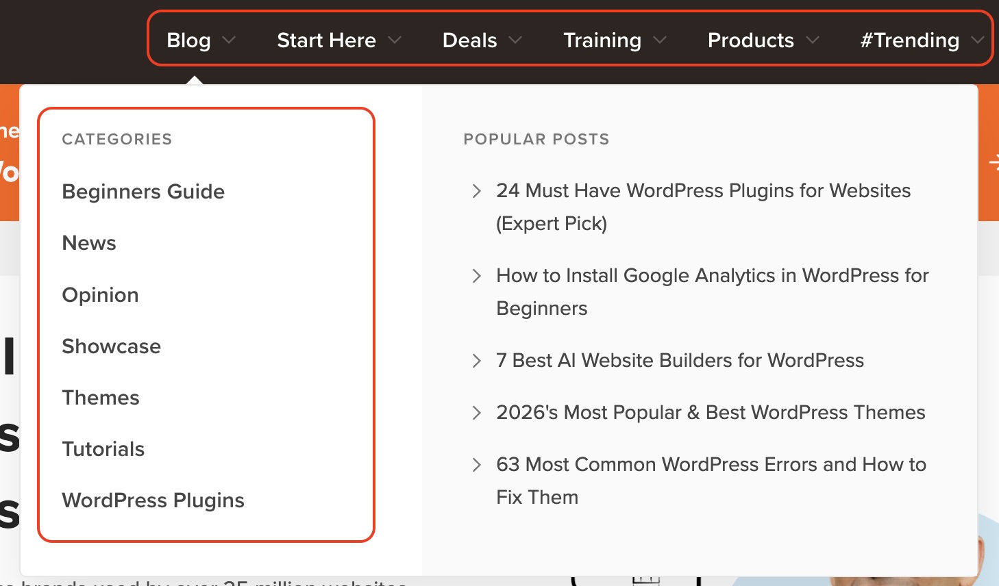 A screenshot of an expanded website navigation menu, showing a left-hand column listing content categories (Beginners Guide, News, Opinion, Tutorials) and a right-hand column displaying popular articles.