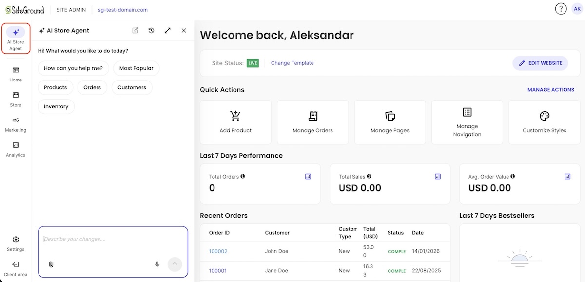 Example of an AI store manager with a chat to manage your online store