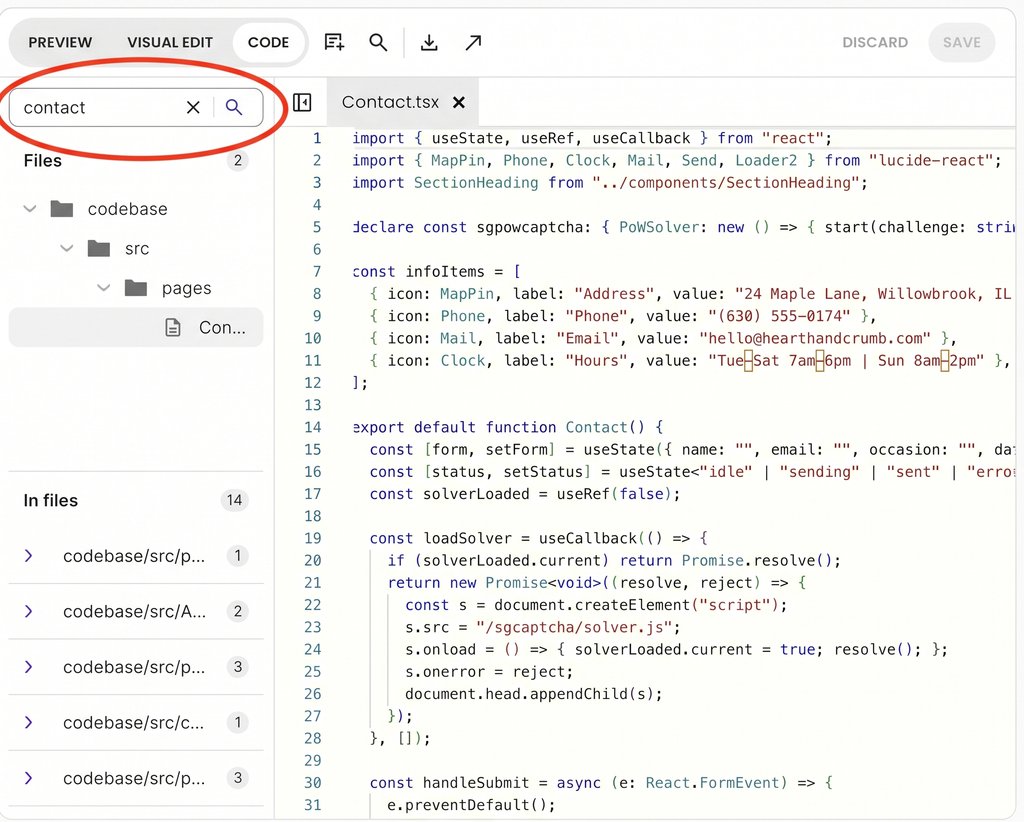 Screenshot of a code editor interface displaying the Contact.tsx file, with a red circle highlighting the search bar containing the word "contact".   