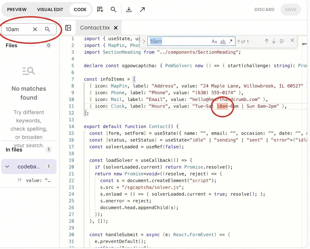 Screenshot of a code editor displaying the Contact.tsx file, with red circles highlighting the search bar and the matching "10am" text within the code.   
