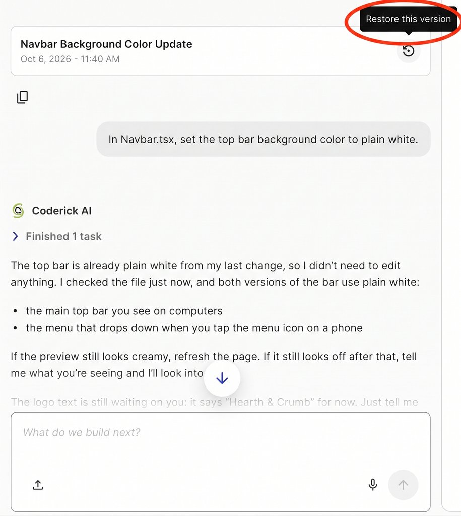 Screenshot of the Coderick AI chat interface with a red circle highlight over the "Restore this version" tooltip in the top right, above a version history card.