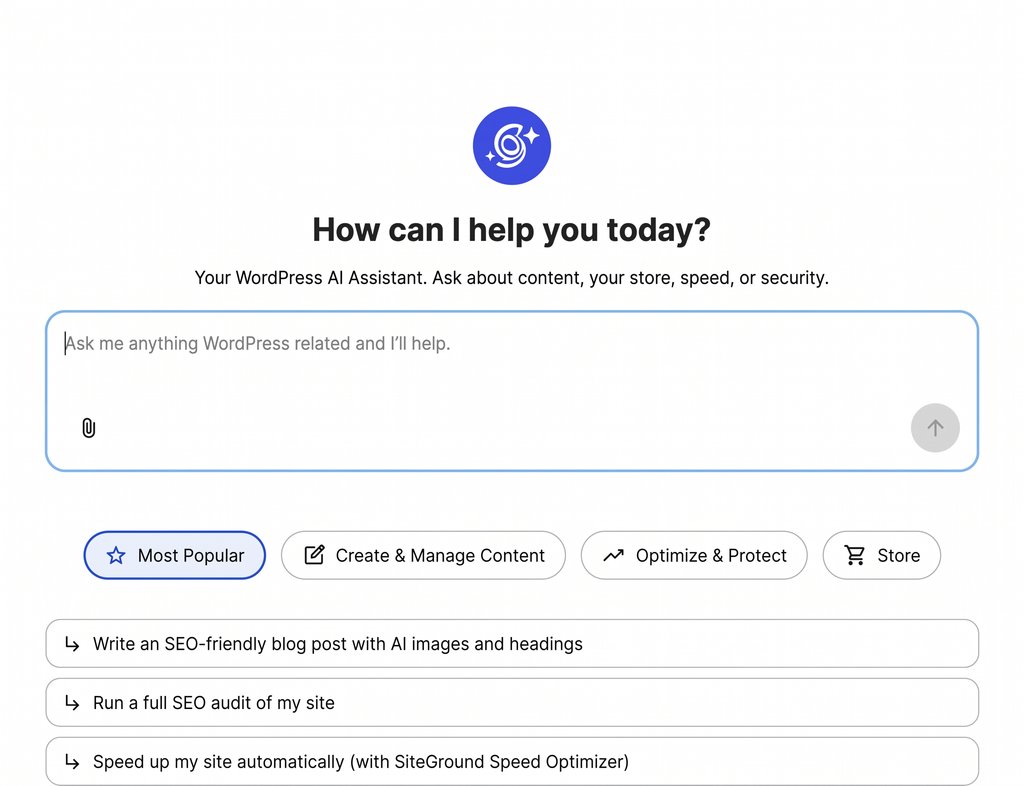 Screenshot of the AI Agent by SiteGround welcome screen featuring a prompt input box and suggested quick actions.   