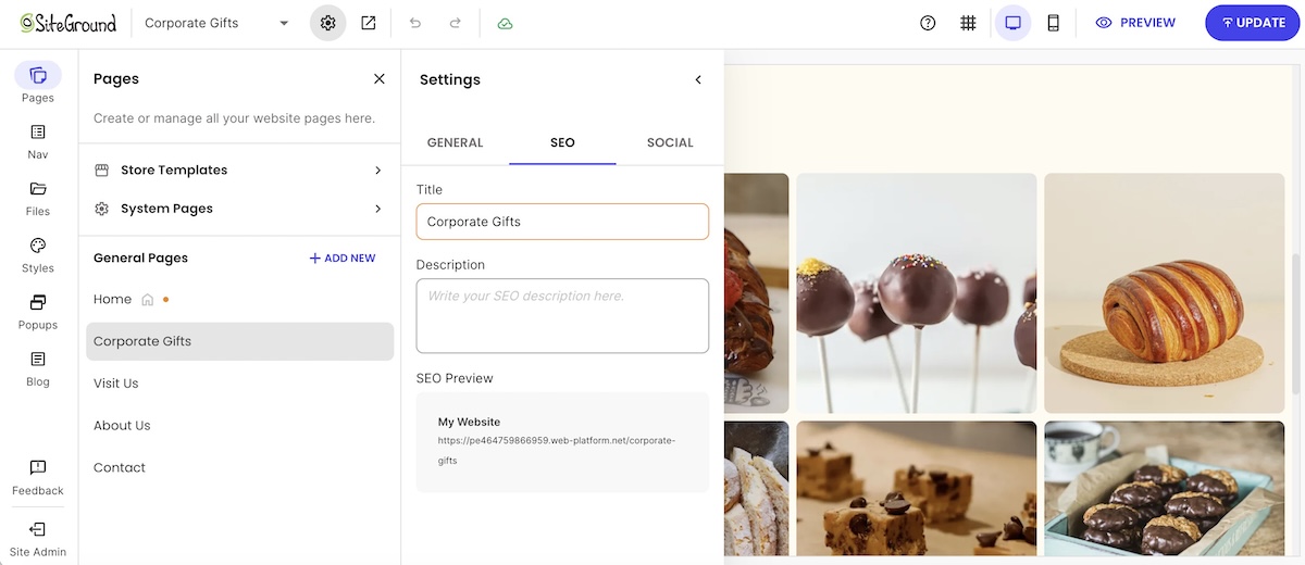 SEO tools on the backend of the SiteGround Website Builder