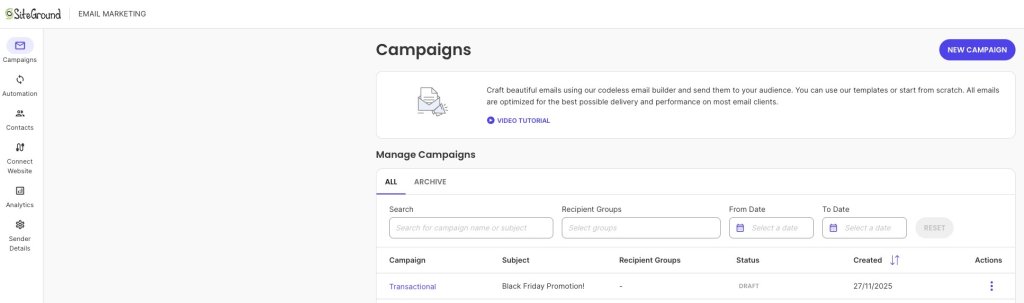 The Campaigns page in SiteGround Email Marketing, with a New Campaign button, a short intro to the codeless email builder, and a Manage Campaigns table with search and date filters listing a draft campaign titled "Black Friday Promotion!"