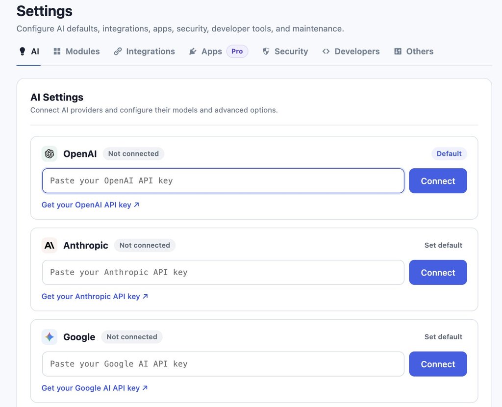 An AI settings interface displaying API key connection options for OpenAI, Anthropic, and Google AI providers.   
