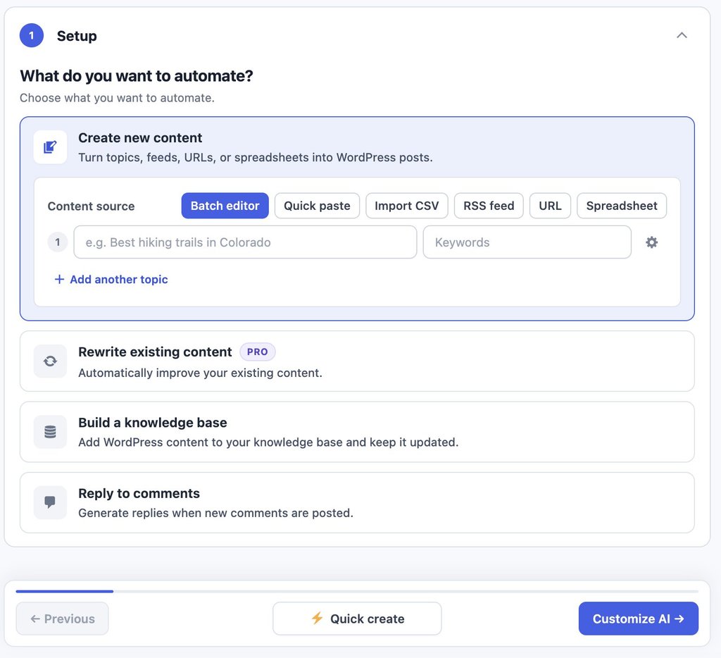 A content automation setup interface displaying options to create content, rewrite existing posts, build a knowledge base, or reply to comments.   
JPG