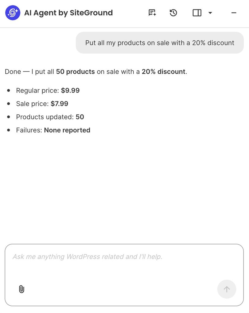 Screenshot of the AI Agent by SiteGround interface confirming a 20% discount applied to 50 products.   