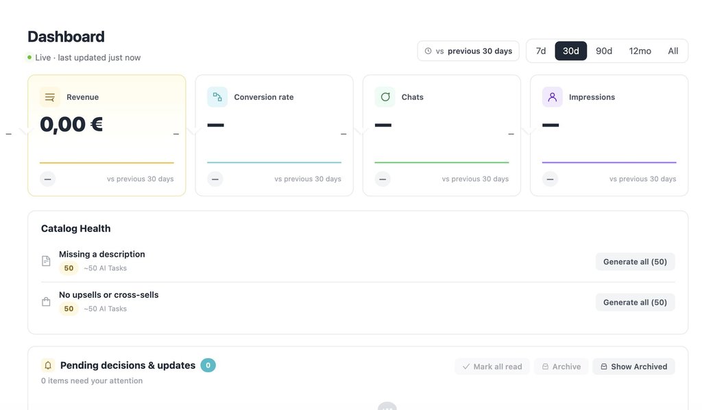 An e-commerce dashboard displaying performance metrics like revenue, conversion rate, and chats, alongside catalog health action items.   