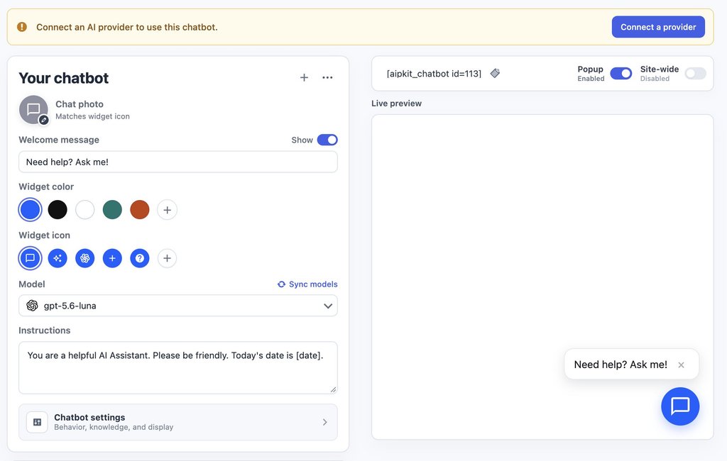 A chatbot builder interface showing widget customization settings, model selection, and a live preview.   