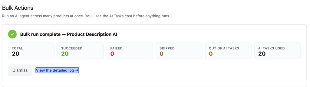 A Bulk Actions interface showing a completed Product Description AI run with 20 successful tasks.