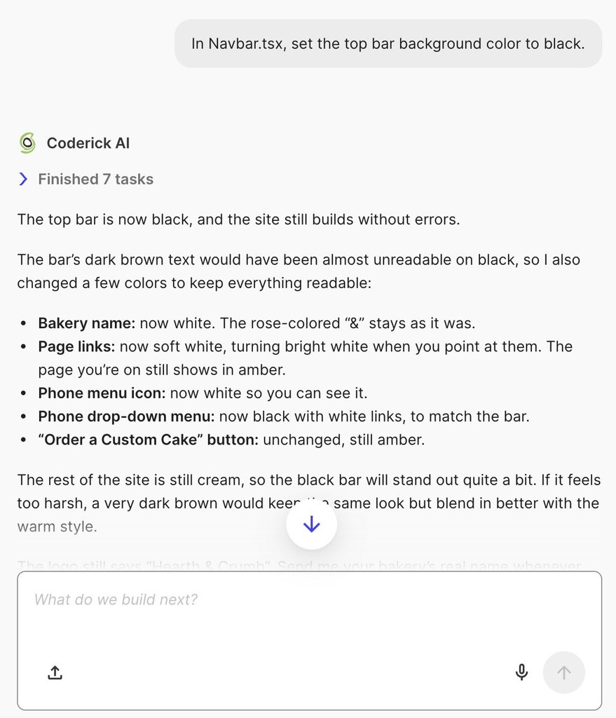Screenshot of an AI assistant chat detailing style updates made to a navigation bar component based on a user prompt.   
