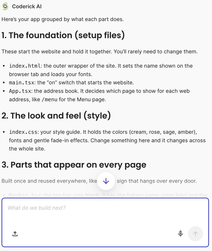 Screenshot of the Coderick AI interface explaining an app structure broken down into setup files, style, and shared components.   