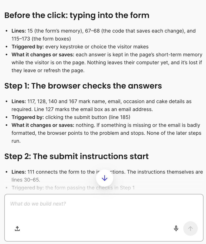 Screenshot of an interface explaining the step-by-step code execution flow of a website form with line number references.   
