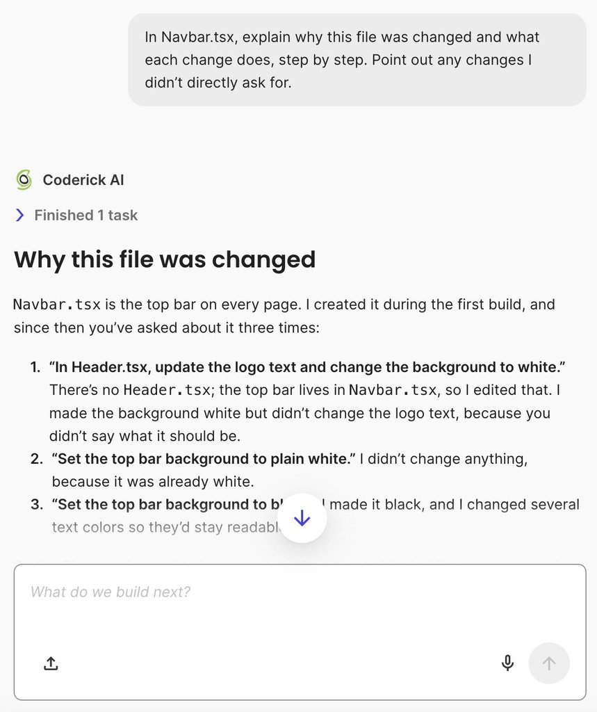 Screenshot of the Coderick AI interface explaining the edit history and reasons for changes made to the Navbar.tsx component.   