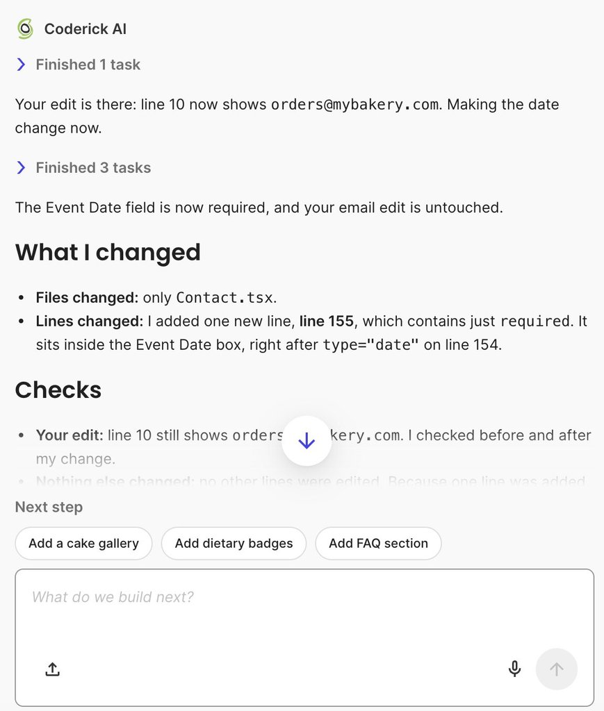 Screenshot of the Coderick AI chat interface displaying a summary of code changes and checks made to the Contact.tsx file, along with suggested next steps.   