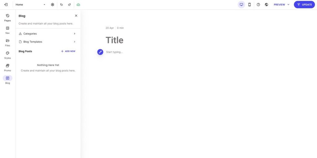 Screenshot of the SiteGround Website Builder dashboard showing the blog management interface, including categories, blog templates, and an option to add a new post.