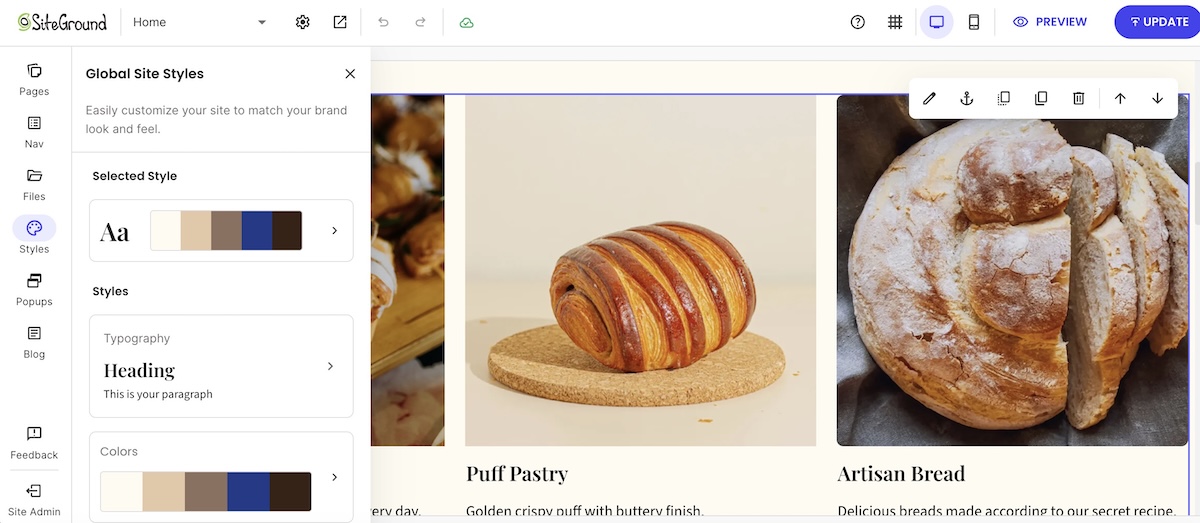The SiteGround Website Builder with custom design elements