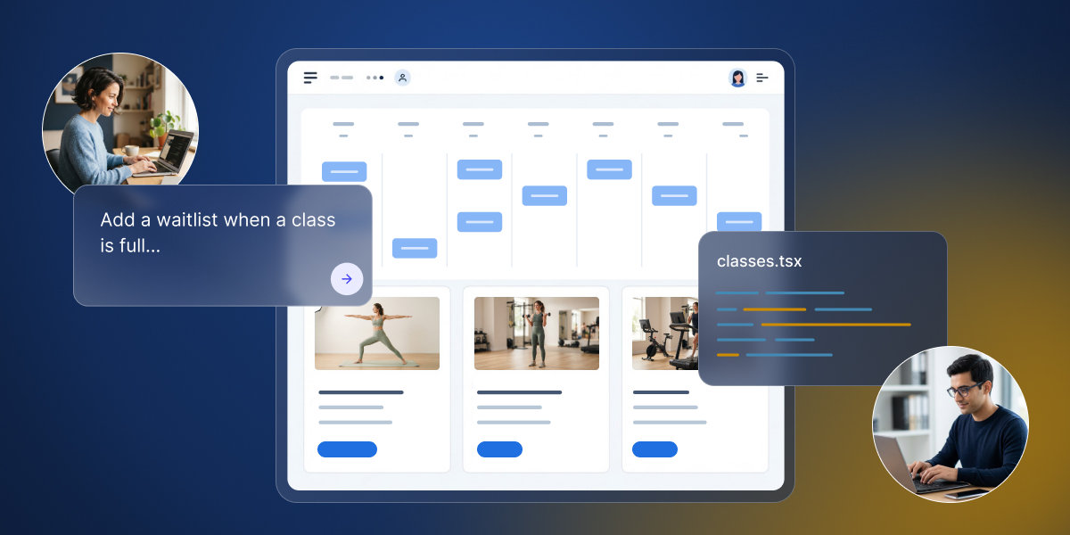 An illustration of two people collaborating on a fitness app dashboard, with one writing an AI prompt and the other editing the source code file.