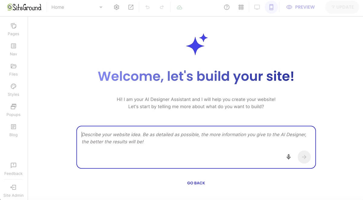Using an AI website builder such as the AI Wizard to build a website via SiteGround