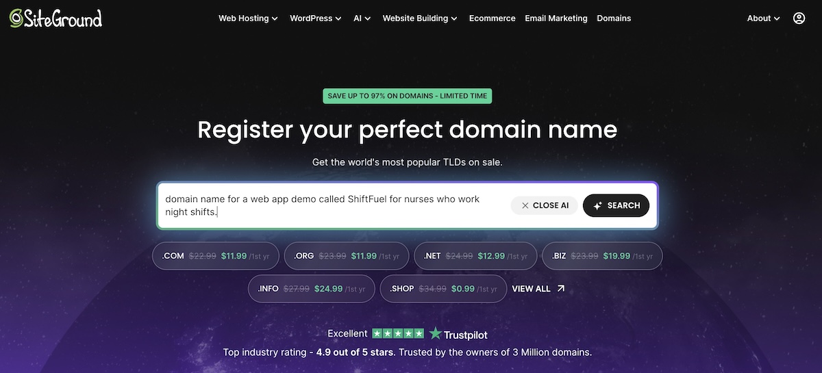 Using the SiteGround AI domain name generator to find a domain name