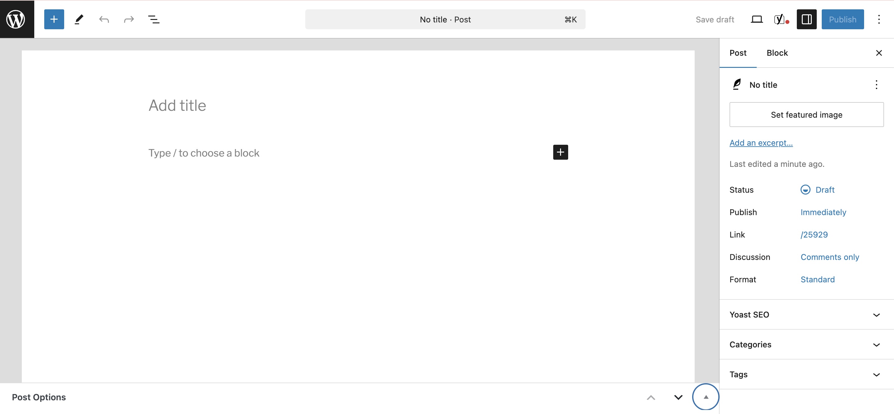A screenshot of the WordPress post creation interface, showing the "Add title" field, main text editing canvas, and the right-hand sidebar with publishing settings, categories, tags, and Yoast SEO options.