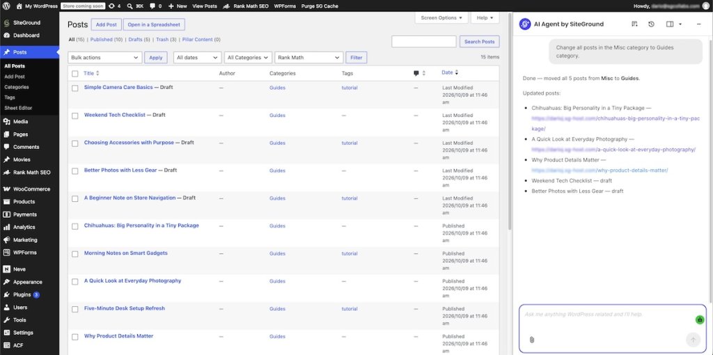 Interface of AI Agent for WordPress displaying a completed request that moved every post in one category to another