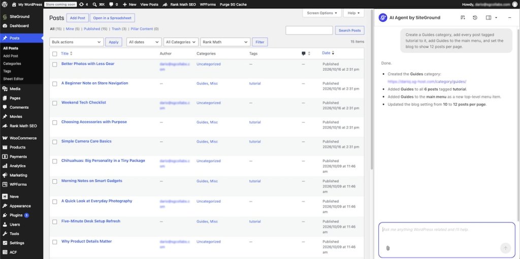 Interface of AI Agent for WordPress displaying a completed request that created a Guides category, added the tutorial posts to it, updated the main menu, and changed a reading setting