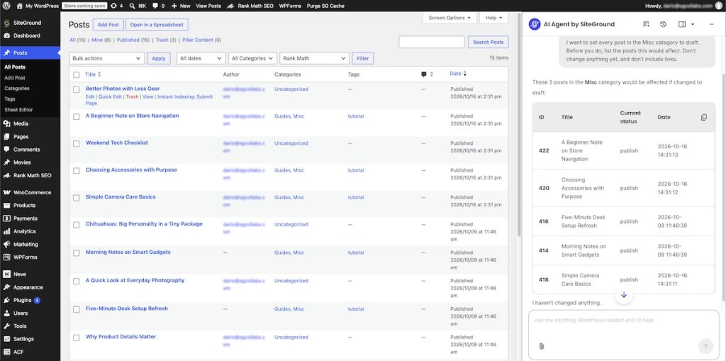 Interface of AI Agent for WordPress displaying a list of posts in a category with their IDs, titles, and status, before any change