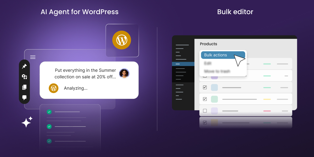 AI Agent for WordPress chat putting a product collection on sale next to a bulk editor spreadsheet filling sale prices