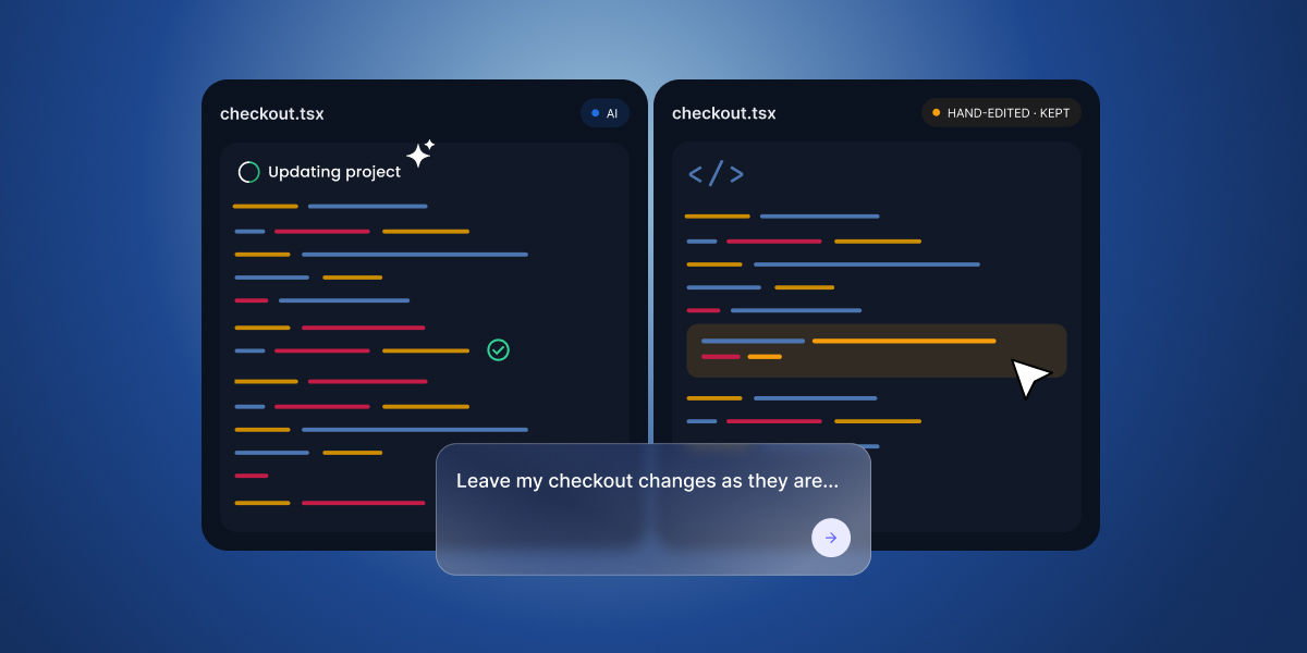 An illustration comparing AI code updates with hand-edited code preservation side-by-side, featuring a prompt box requesting to keep manual changes.