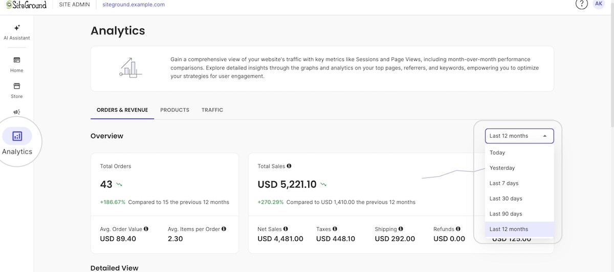 Analytics orders and revenue dashboard for SiteGround Website Builder