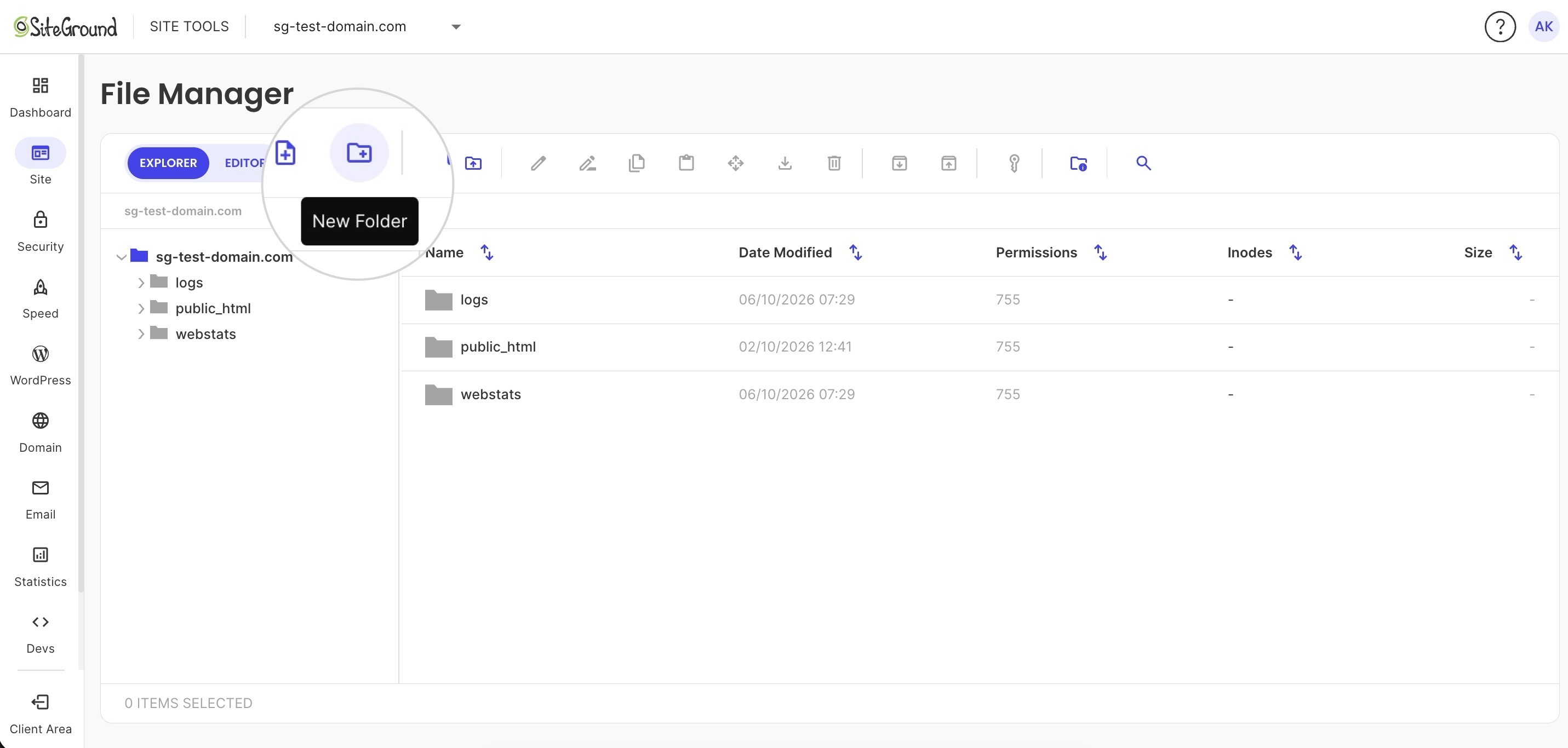 Managing files in SiteGround Site Tools
