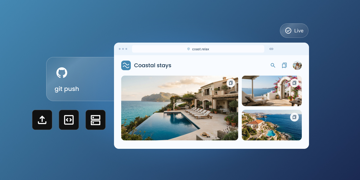 Illustration of a GitHub deployment workflow, showing a git push triggering website deployment to a live hosting server, with a coastal vacation rental website preview.