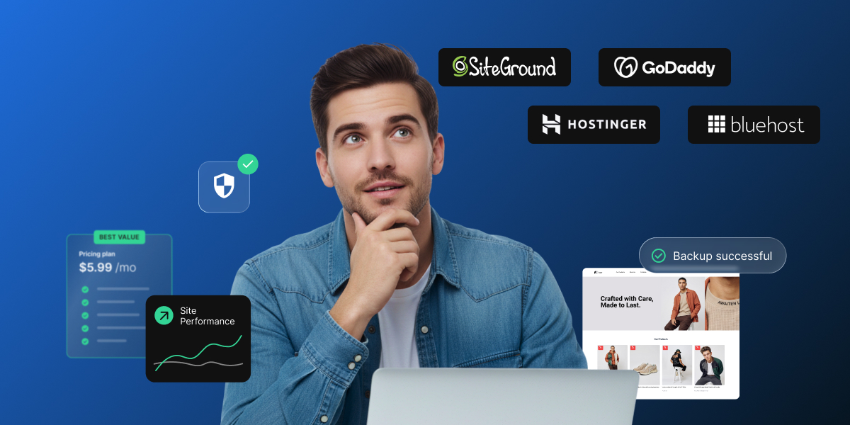 Comparing GoDaddy alternatives: SiteGround, Hostinger, and Bluehost logos beside pricing, performance, and backup icons