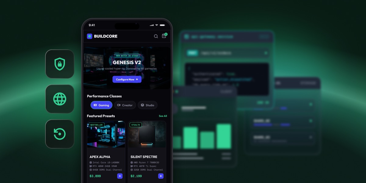 Mobile preview of a custom PC storefront website, featuring gaming PC configurations, product listings, and a dark interface with green accents.