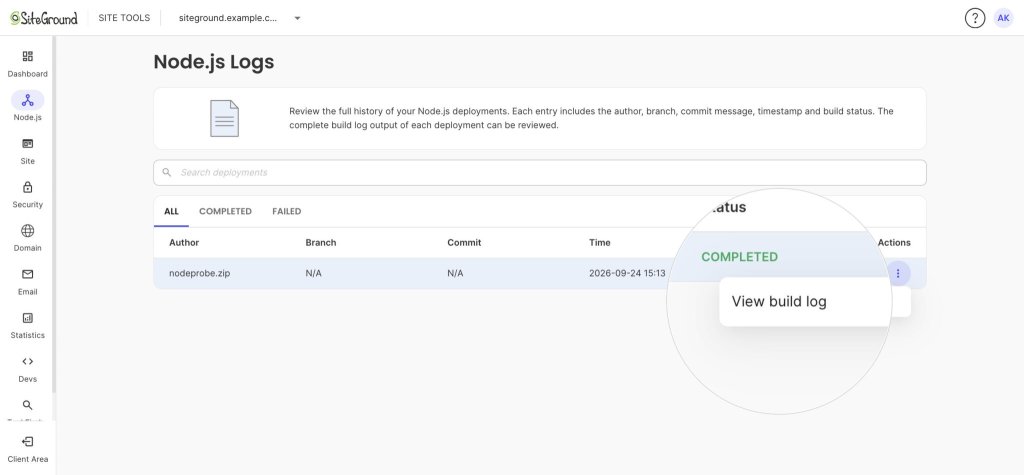 SiteGround Site Tools Node.js Logs page showing a completed deployment and the Actions menu with the “View build log” option highlighted.