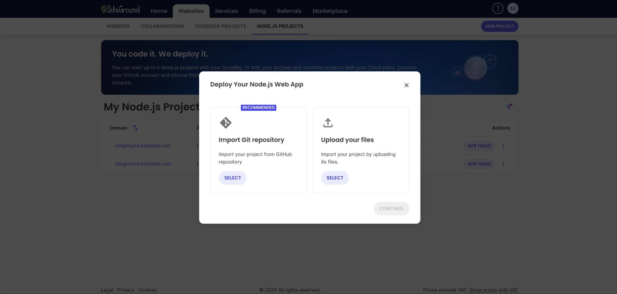 ▎ The Deploy Your Node.js Web App dialog offering two options: import a Git repository, which is recommended, or upload your files.