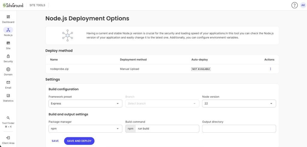 ▎ The Node.js Deployment Options screen in SiteGround Site Tools, showing the framework preset, Node version, package manager, and build command fields.