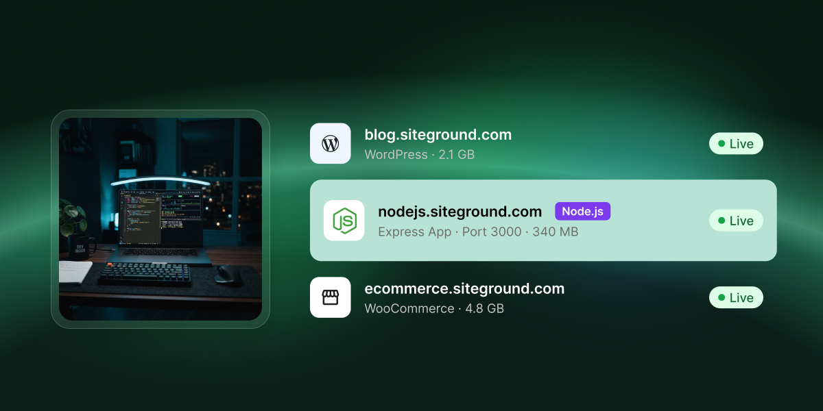 A hosting account dashboard listing three live sites side by side: a WordPress blog, a Node.js Express app, and a WooCommerce store.