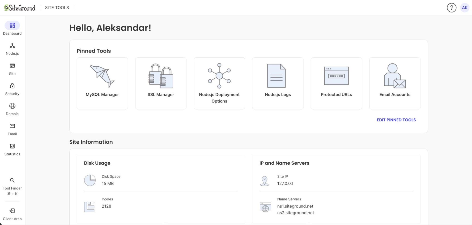 ▎ A SiteGround Site Tools dashboard with Node.js Deployment Options and Node.js Logs pinned alongside MySQL Manager, SSL Manager, and Email Accounts.