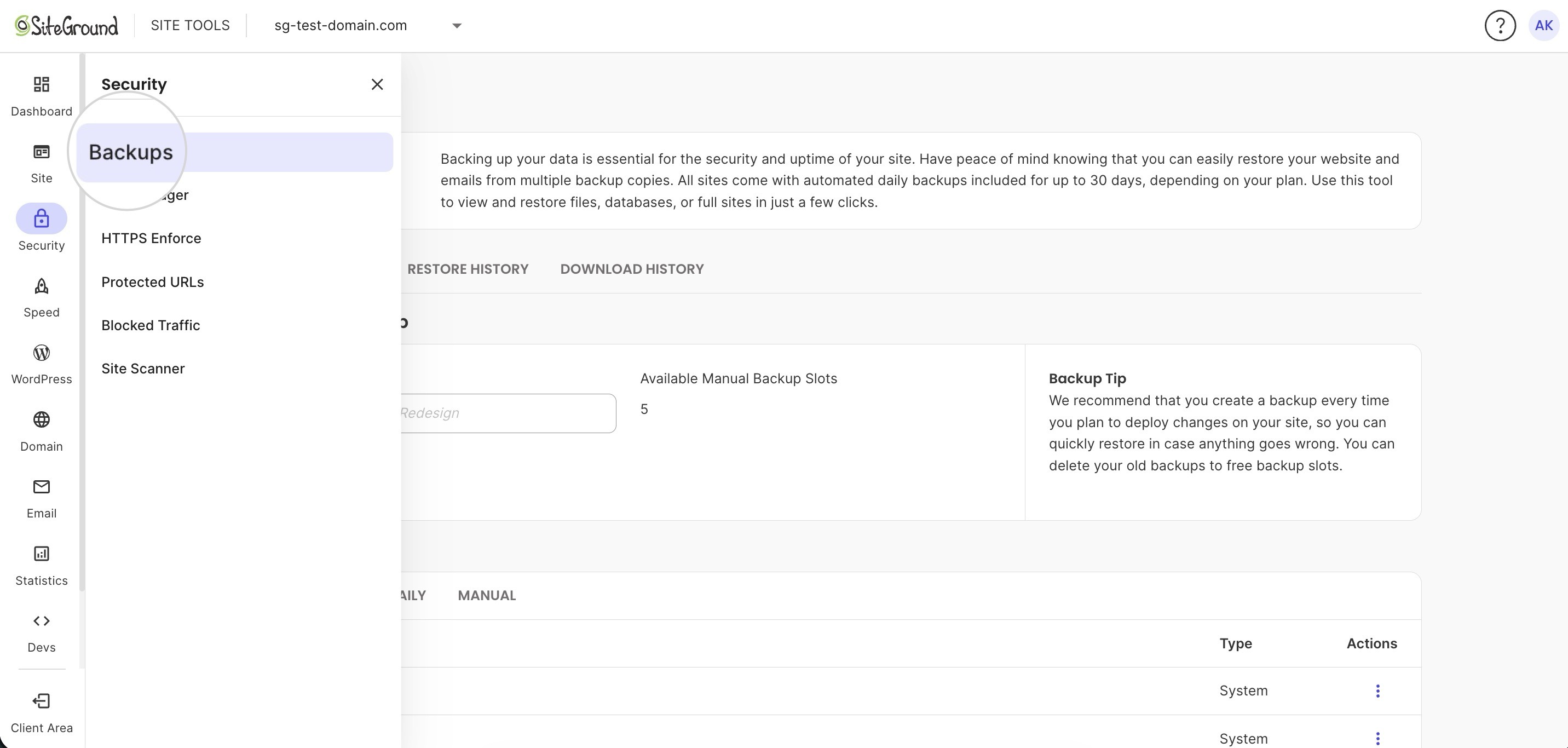 Creating a new backup in SiteGround Site Tools