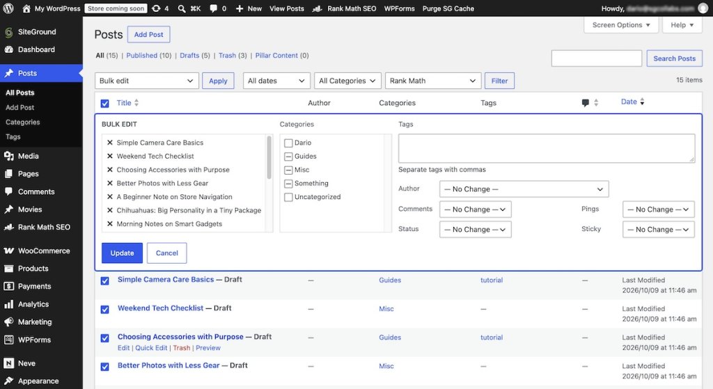 Interface of the WordPress Posts screen displaying the Bulk Edit panel with category, tag, author, and status options