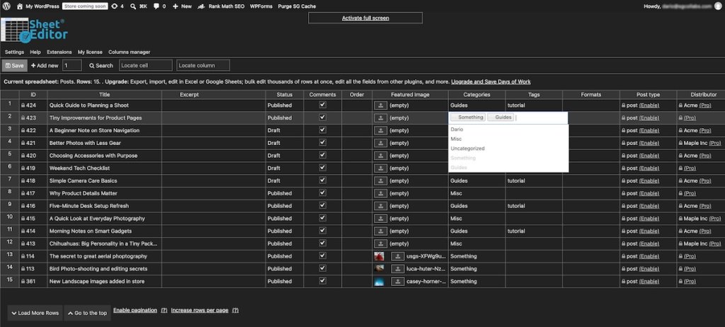 Interface of WP Sheet Editor displaying WordPress posts as spreadsheet rows, with a category cell being edited