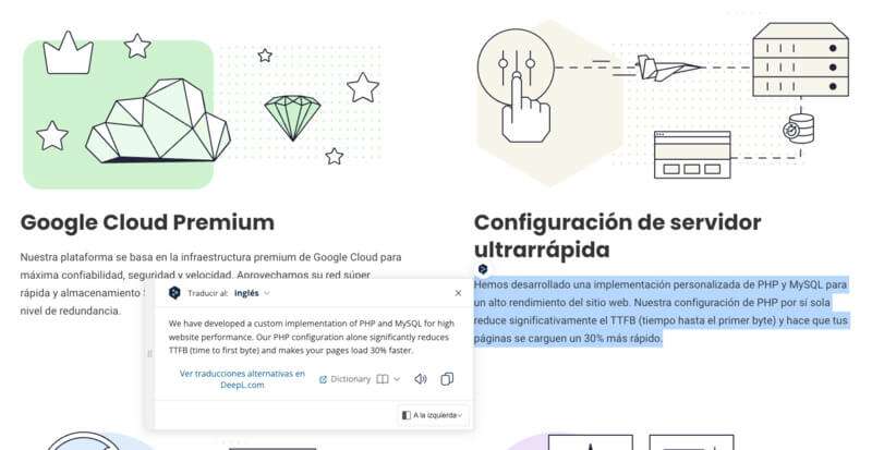 Texto seleccionado de la página principal de siteground.es