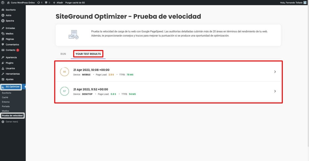 Prueba de velocidad de SG Optimizer