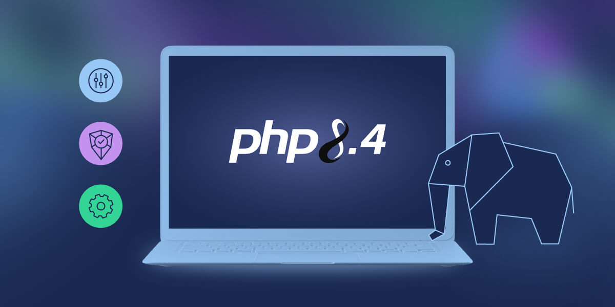 Una imagen destacada con un portátil, mostrando el logo oficial de PHP.net de PHP 8.4, y el icónico elefante de PHP.