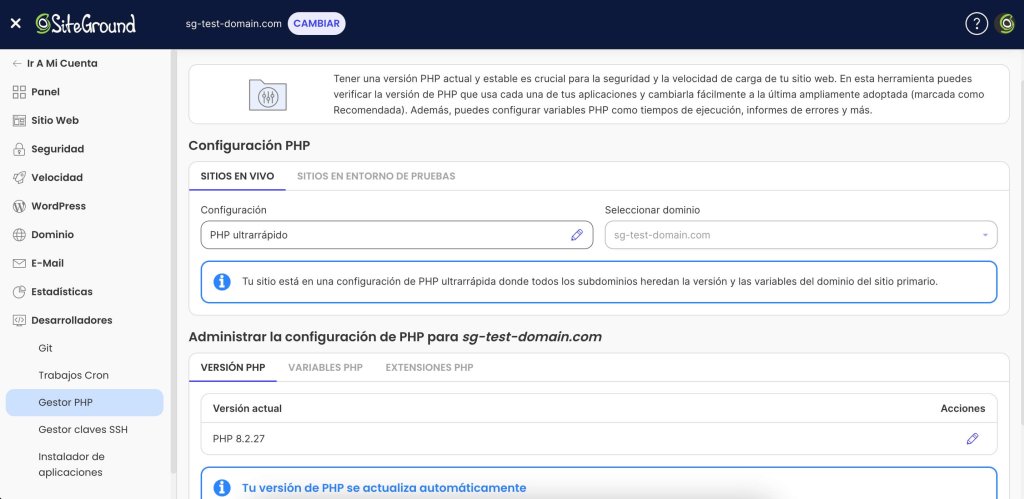 Una captura de pantalla del gestor PHP del panel de control de Site Tools de SiteGround, donde puedes cambiar la configuración de PHP de tus sitios.