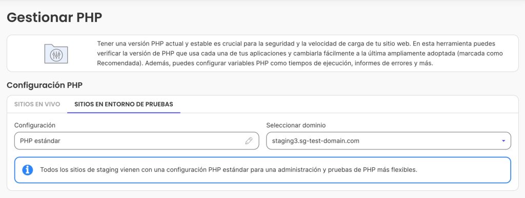 Una captura de pantalla del gestor PHP del panel de control de Site Tools de SiteGround, donde puedes cambiar la configuración de PHP de un sitio de staging.