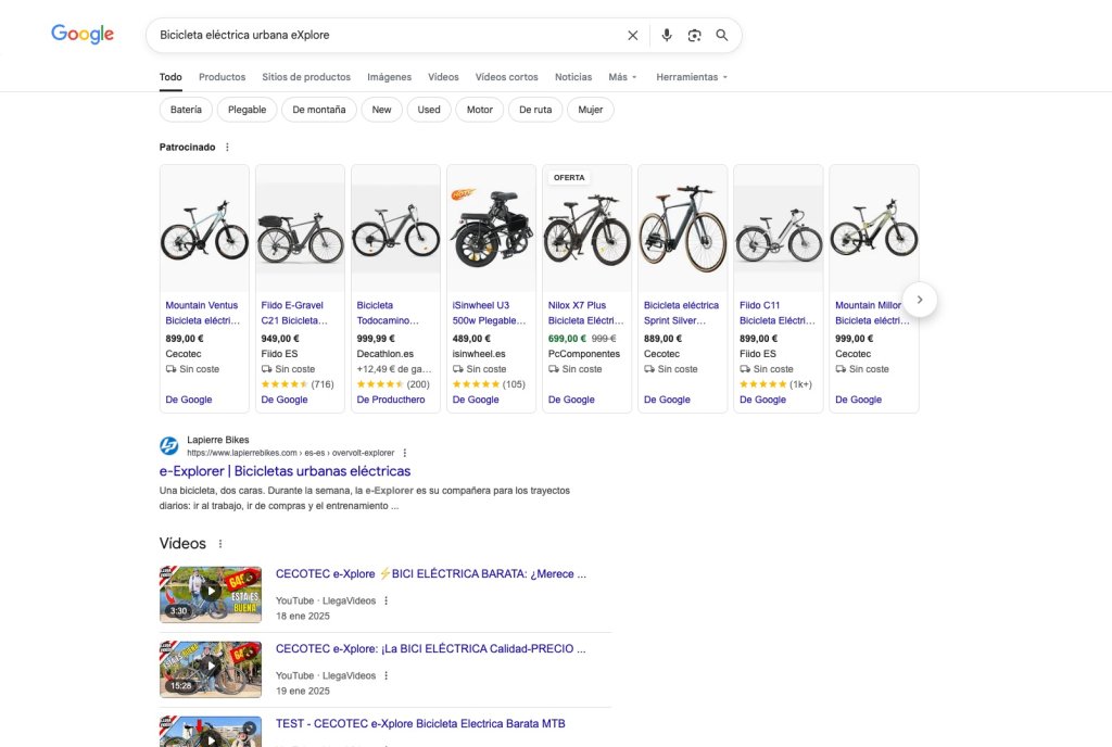 Captura de Google de lo que ocupa las primeras posiciones para una búsqueda transaccional