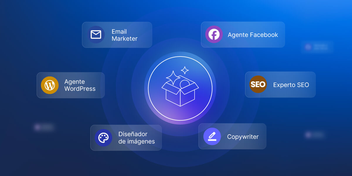 Ilustración de algunos tipos de agentes de AI Studio: email marketer, agente WordPress, diseñador de imágenes, copywriter, experto SEO, agente Facebook.